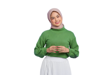 Beautiful smiling Asian woman in green sweater holding hands together and feels optimistic isolated on transparent background