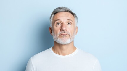 Obraz premium Mature Man Gray Hair Minimalist Style Clean High-Resolution Portrait Close-up View Thoughtful Expression Light Blue Background Calm Neutral Tones Perfect for Healthcare Ads