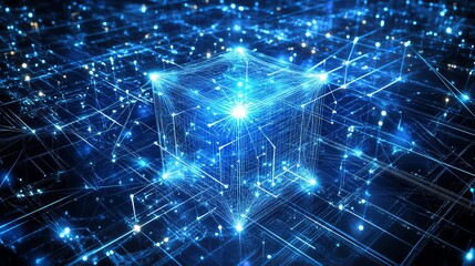 Obraz premium Abstract Digital Network Cube Glowing Blue Lines Technology Background Futuristic Data Connection Innovation Modern Design Global Network Digital Transformation Smart City Concept Cybersecurity 