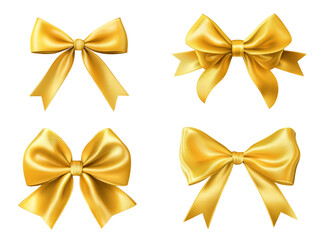 Realistic golden gift bows made of satin or silk, isolated without background. For packaging, celebration, decoration, or design elements