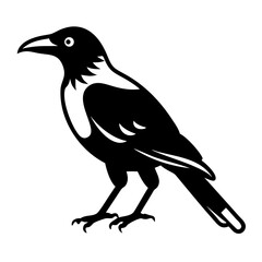 A crow, depicted in a bold black and white silhouette, stands on a white background. It's a simple yet powerful image, showcasing the bird's distinctive shape and sleekness.