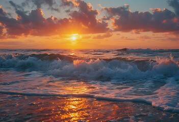 a vibrant sunset over the ocean casts a warm golden glow on crashing waves and a dramatic sky filled with orange and gray clouds.