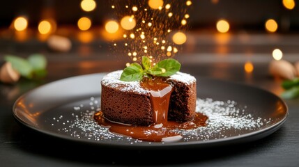 Artisan chocolate lava cake with flowing molten heart, softly lit and sugar sprinkled