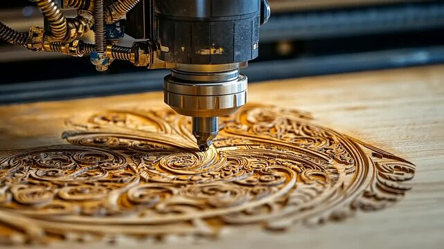 Intricate wood carving process using a CNC machine, showcasing detailed craftsmanship in a workshop