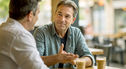 Two men converse over coffee at a cafe, sharing a friendly moment during a casual meetup.