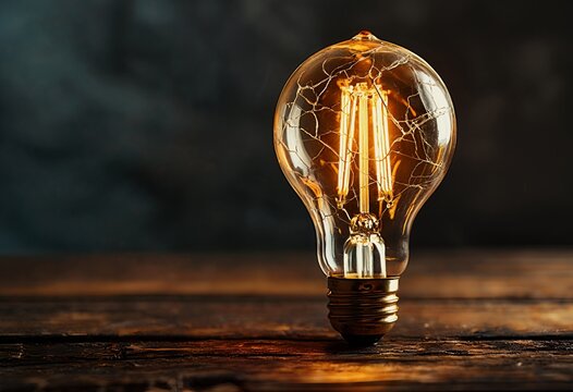 a vintage edison bulb with glowing filaments stands prominently against a dark, moody backdrop, casting a warm light on a textured wooden surface.
