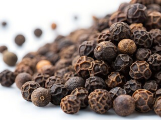 Obraz premium Aromatic black peppercorns a flavorful spice pile closeup view against a bright white background showcasing their rich dark brown