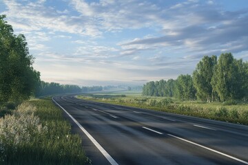 Obraz premium Scenic winding highway through lush greenery during early morning light