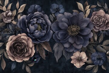 Moody floral watercolor art, dramatic botanical composition with dark tones