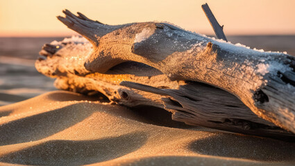 Sunlit Salt-Crusted Driftwood on a Sandy Beach at Sunset, Sparkling with Grain Detail