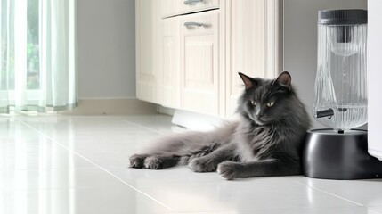 A stylish gray cat lounging beside a modern pet water fountain on a white tiled kitchen floor