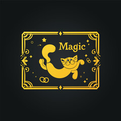 Golden cat among the stars.  A lively fairy tale in golden colors with a vintage hand drawn frame. Children's fantasy book cover. Fairy tale creature. Magic and enchantment. A child's dream.	