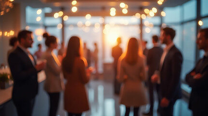 A group of elegantly dressed people socializing at an evening event with soft string lights in the background