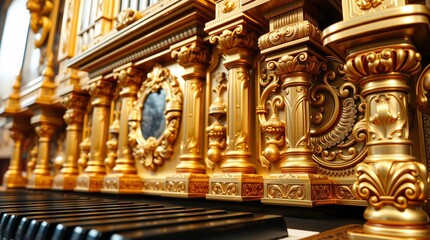 Fototapeta premium Golden Baroque Organ A Detailed View of the Keyboard and Ornate Architecture