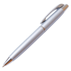 Naklejka premium Elegant Silver Ballpoint Pen with Sleek Design and Gold Accents, isolated on transparent background.