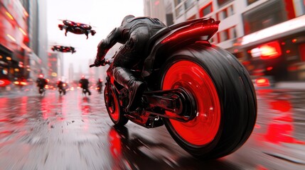 Obraz premium A cybernetic outlaw escaping on a hoverbike with flashing police drones in the background.