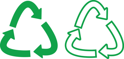 Green recycle flat, outline icons set. Arrows that revolve endlessly Reuse concept Recycled. Rounded angles. Ecology, Bio rotation arrows, leaf symbols illustration isolated on transparent background.