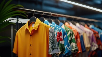 Obraz premium Brightly lit row of hanging Hawaiian shirts in vivid colors and tropical floral patterns, summer vibes