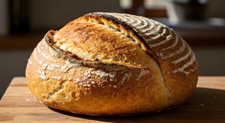 A freshly baked loaf of sourdough bread with a crisp golden crust