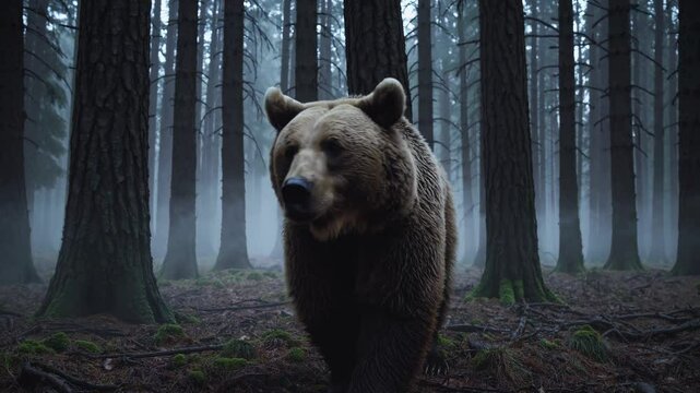 A majestic bear walks through a misty forest, captured from a low-angle shot, creating a cinematic video feel with a mysterious, serene atmosphere.