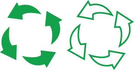 Green recycle flat, outline icons set. Arrows that revolve endlessly Reuse concept Recycled. Rounded angles. Ecology, Bio rotation arrows, leaf symbols illustration isolated on transparent background.