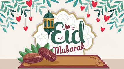 An Islamic Greeting Card with Eid Mubarak Text Featuring a Traditional Arabic Lantern Green Leaves Red Hearts Three Dates on the Left Side and a Wooden Board Background for a Festive Celebration