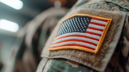 Close-up of army fatigue with embroidered U.S. flag patch under soft lighting, capturing pride and service