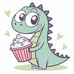 Cute Dinosaur Hugging a Cupcake – Adorable and Funny Vector Illustration for Kids and Sweet Lovers