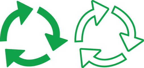 Green recycle flat, outline icons set. Arrows that revolve endlessly Reuse concept Recycled. Rounded angles. Ecology, Bio rotation arrows, leaf symbols illustration isolated on transparent background.