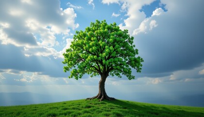 Obraz premium Majestic green tree growing on hill nature landscape beautiful cloudy sky tranquil environment outdoor view