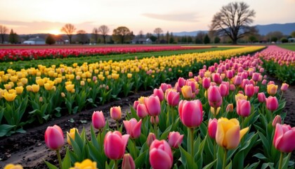 Vibrant tulip blooming event flower field nature photography scenic landscape close-up view spring beauty