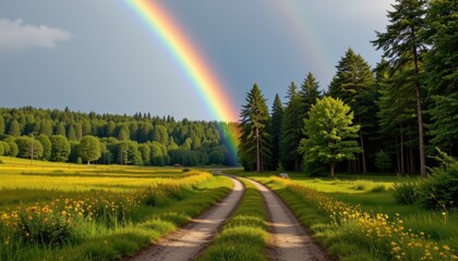 Vibrant rainbow over serene country road lush green forest nature photography peaceful landscape scenic view