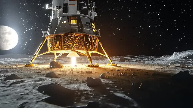 Lunar lander on the moon's surface with stars in the background, showcasing space exploration
