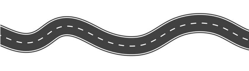 Wavy winding curves roads and horizontal path. Horizontal asphalt road template. Flat vector illustration isolated on transparent background. 