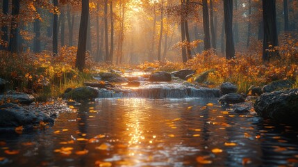 Forest waterfall path golden light
