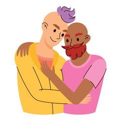 Interracial Gay Couple Hugging Illustration Isolated on White. Happy and Smiling LGBT Men in Romantic Relationship. Homosexual enamored people of same sex. Male valentines, boyfriends embracing