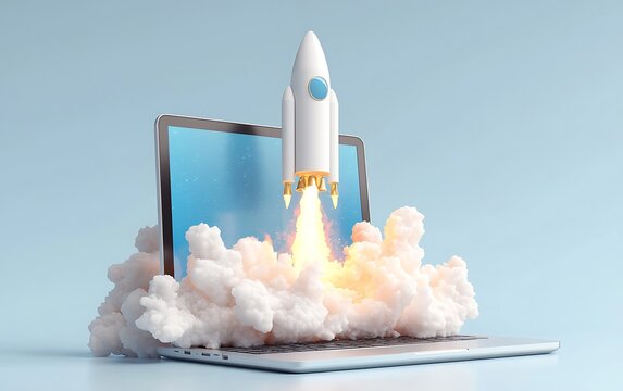 Rocket launching from laptop screen.