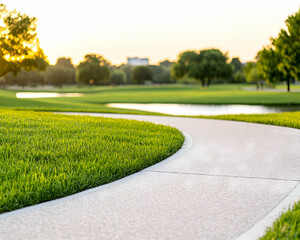 Fototapeta premium Scenic sunset path curving through lush green parkland beside a tranquil pond