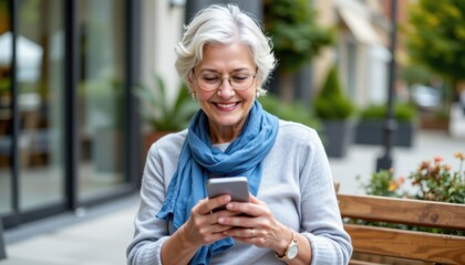 Older woman engaging with smartphone urban park lifestyle image natural setting close-up view digital connectivity