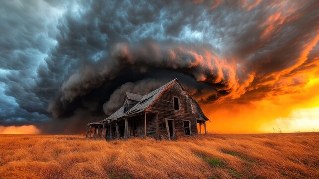 A dramatic image of storm clouds rolling over an abandoned farmhouse.