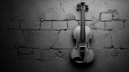 A dramatic monochrome image of a violin resting against a brick wall.