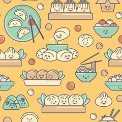 Seamless background with Chinese traditional food in kawaii style. Zongzi, show mein, meatballs, tngyuan