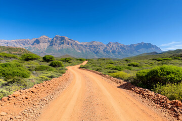 Winding dirt road through arid landscape leading to majestic mountains under a clear blue sky
