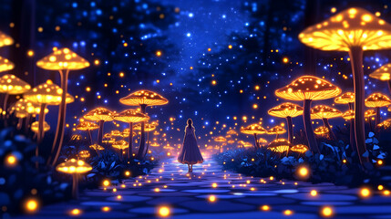 Obraz premium Woman walks a glowing path through a magical forest of luminous mushrooms and fireflies at night