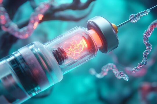 Futuristic vaccine syringe with glowing molecular structure in laboratory setting - Powered by Adobe