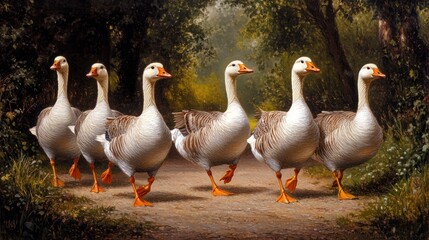 Obraz premium Geese Walking Path Through Woods