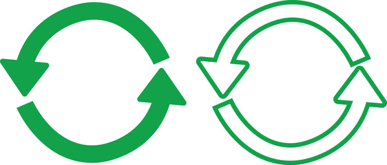 Green recycle flat, outline icons set. Arrows that revolve endlessly Reuse concept Recycled. Rounded angles. Ecology, Bio rotation arrows, leaf symbols illustration isolated on transparent background.