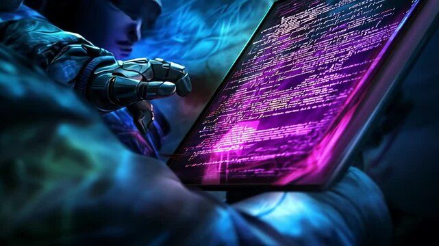 Futuristic Robot Holding Digital Interface in Neon Colors with Glowing Text and Abstract Background