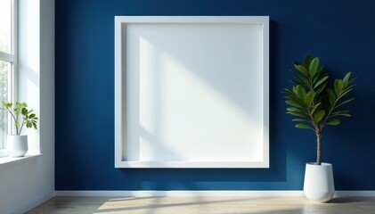 Glossy white frame, deep navy wall, negative space , wall, glossy