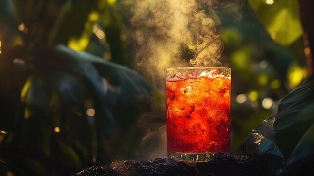 A fiery red jungle elixir bubbling with unknown herbs, making the drinker feel invincible--or doomed.